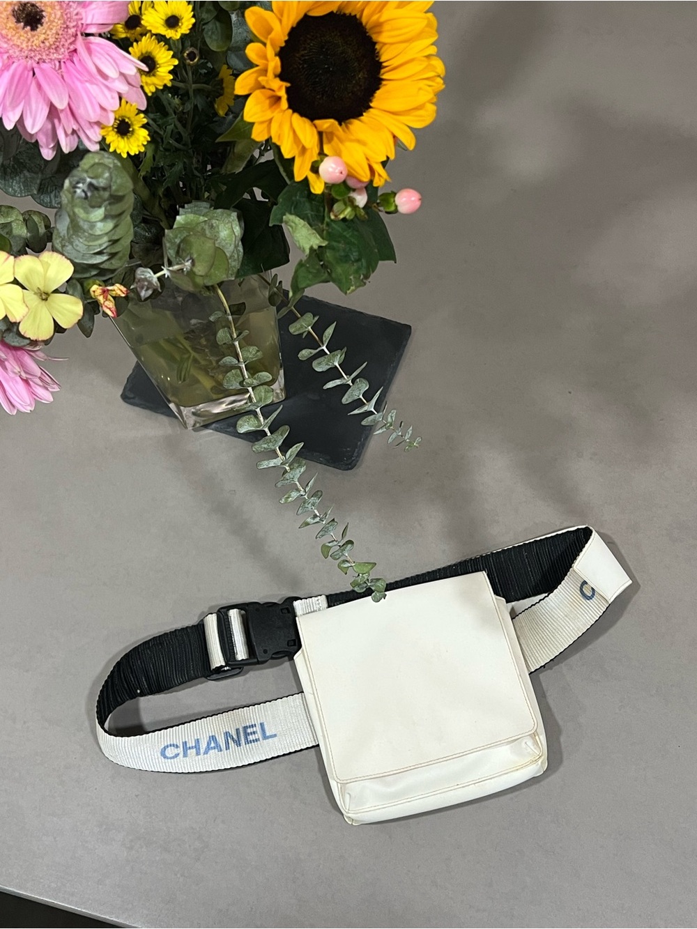 CHANEL White Canvas Belt Bag with Logo Strap